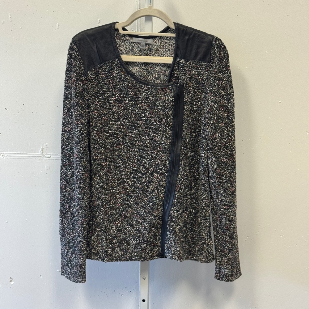 Classiques Entier XL Tweed Leather Trim Asymmetric Zip Cardigan Jacket Multi